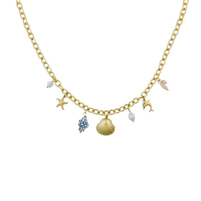 Shell charm necklace blue gold