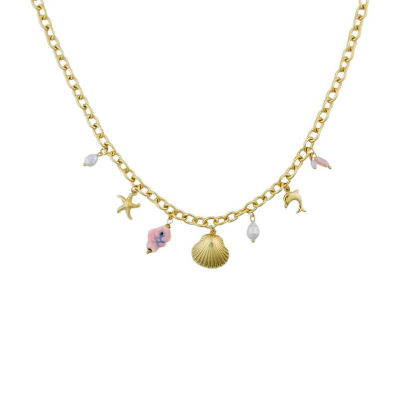 Shell charm necklace pink gold