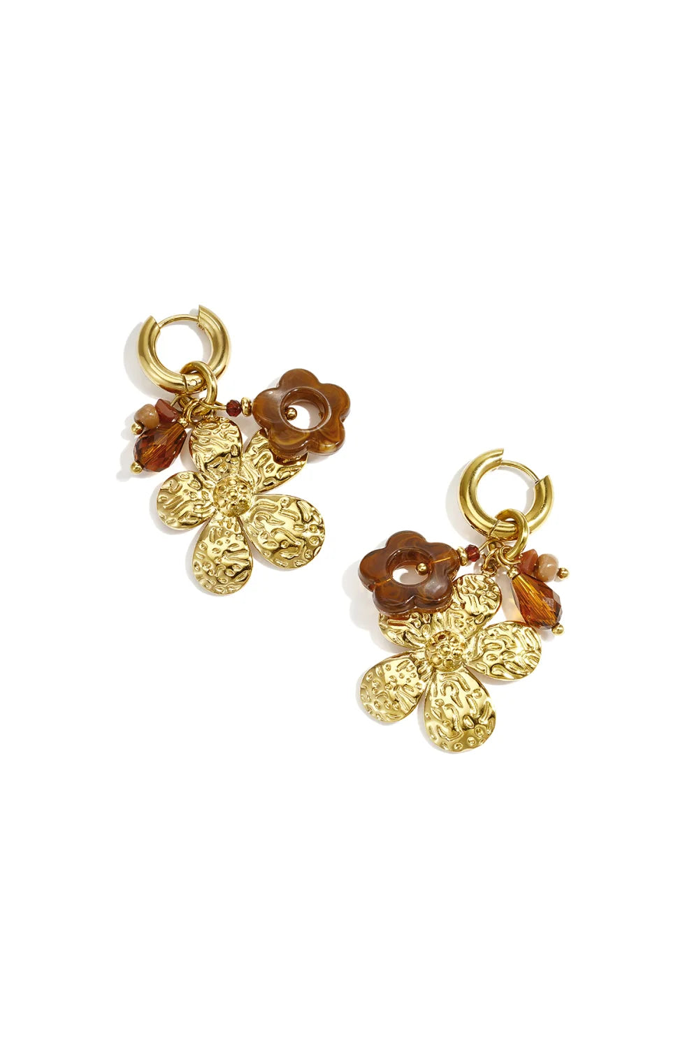 Earring flower & beads brown