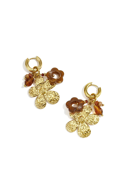 Earring flower & beads brown