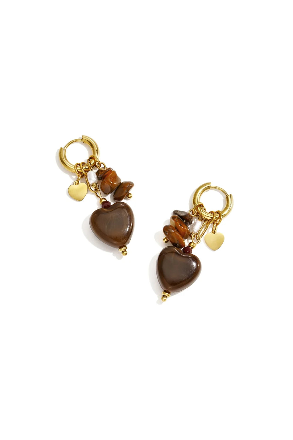 Earring heart & beads brown