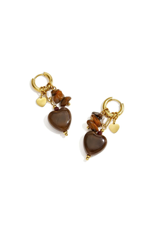 Earring heart & beads brown