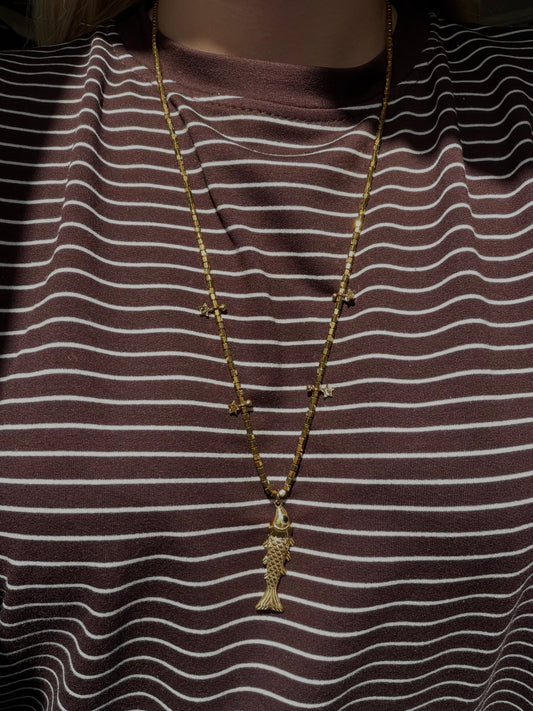 Blocks fish necklace long gold