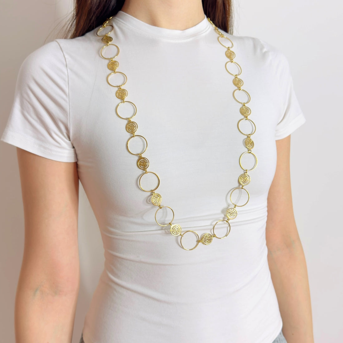 Spiral circle necklace long gold