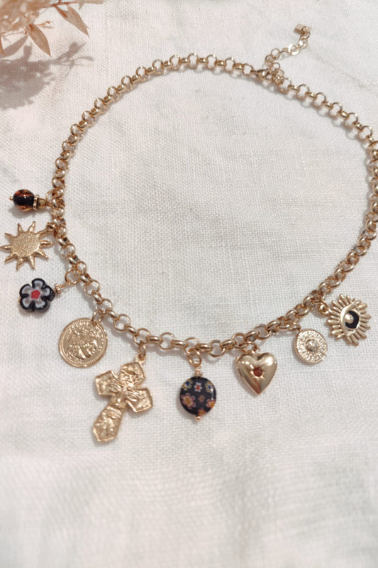 Charm cross necklace black gold