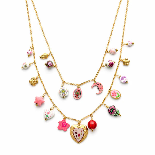 happy heart double necklace pink