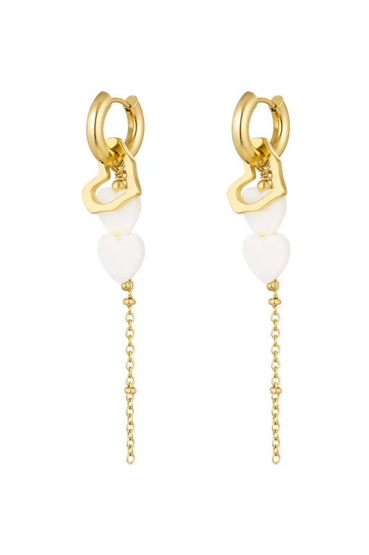 Long pearl heart earrings gold