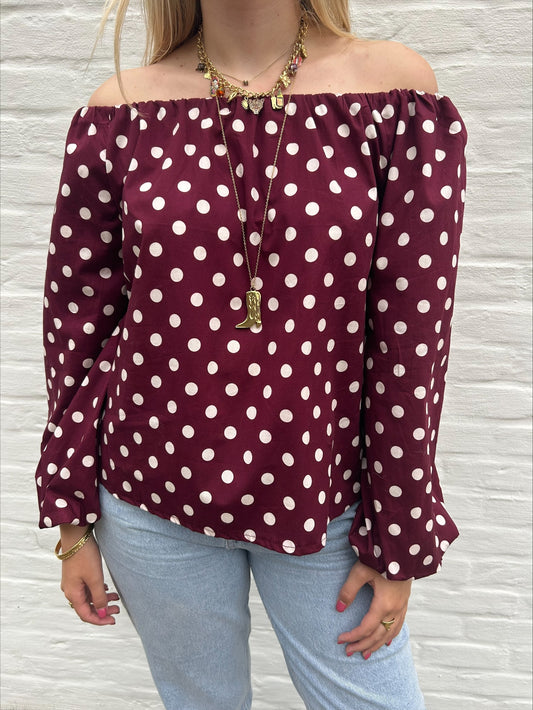 Off shoulder top polka dot long bordeaux
