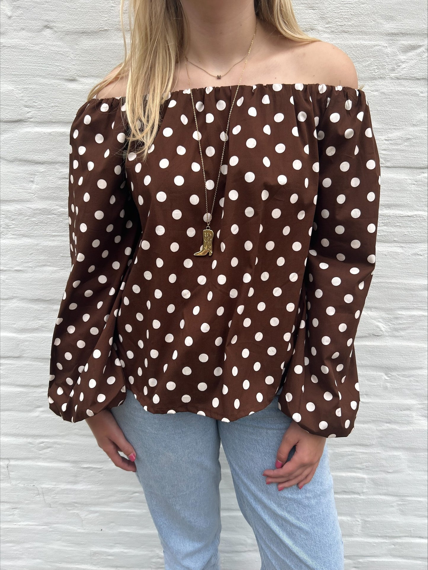 Off shoulder top polka dot long brown