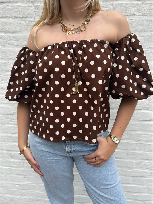 Off shoulder top polka dot short brown