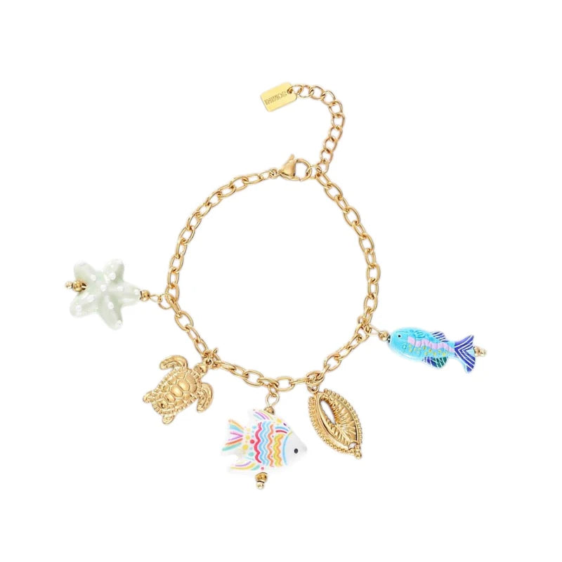 Sea life charm bracelet blue gold
